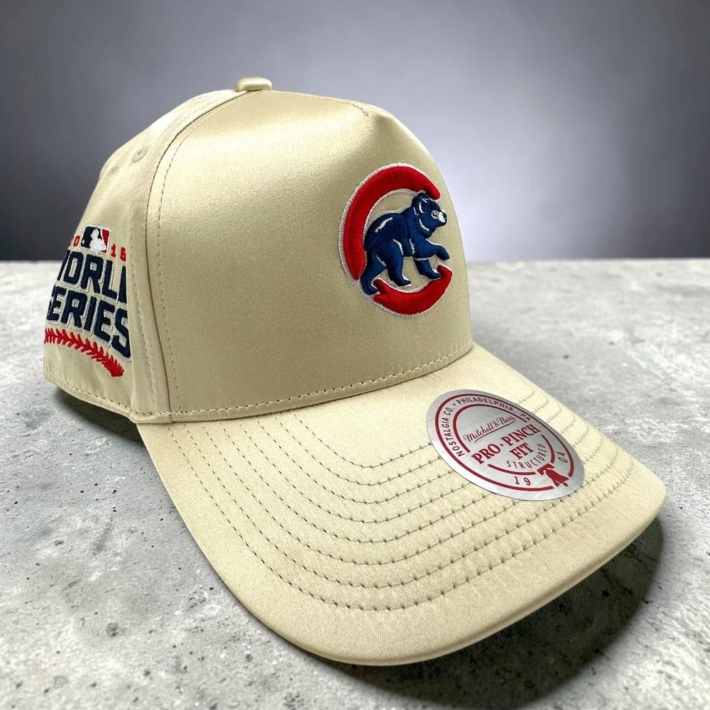 Chicago Cubs Satin Snapback Hat Mitchell & Ness Pro Pinch Cream World Series NEW